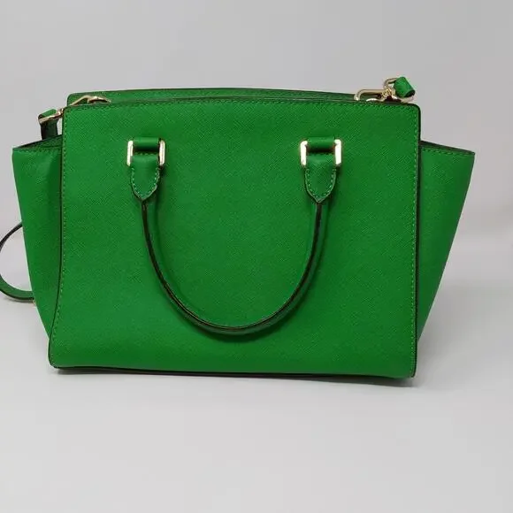 Michael Kors Selma Medium Satchel Green Saffiano Leather Crossbody Tote Purse - Picture 7 of 16